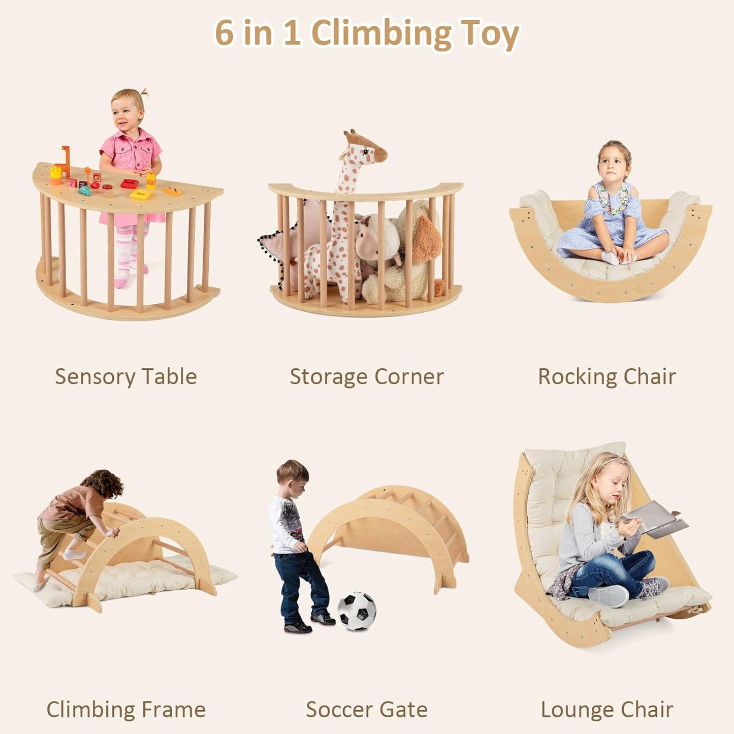 6-in-1 Wooden Arch Climber & Rocker – Montessori Toddler Playset with Cushion & Sensory Table 