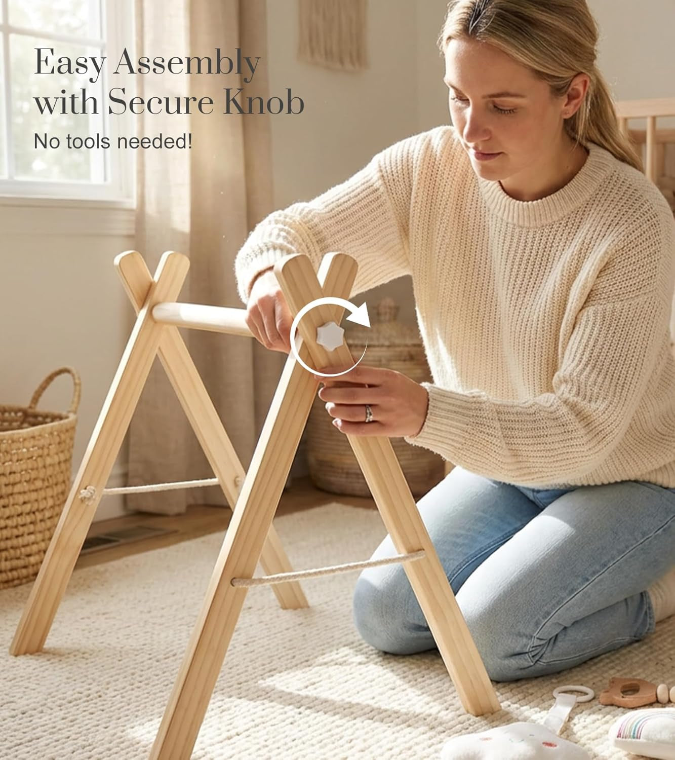 Wooden Baby Play Gym with 6 Toys – Foldable Natural Activity Gym for Sensory & Motor Development 