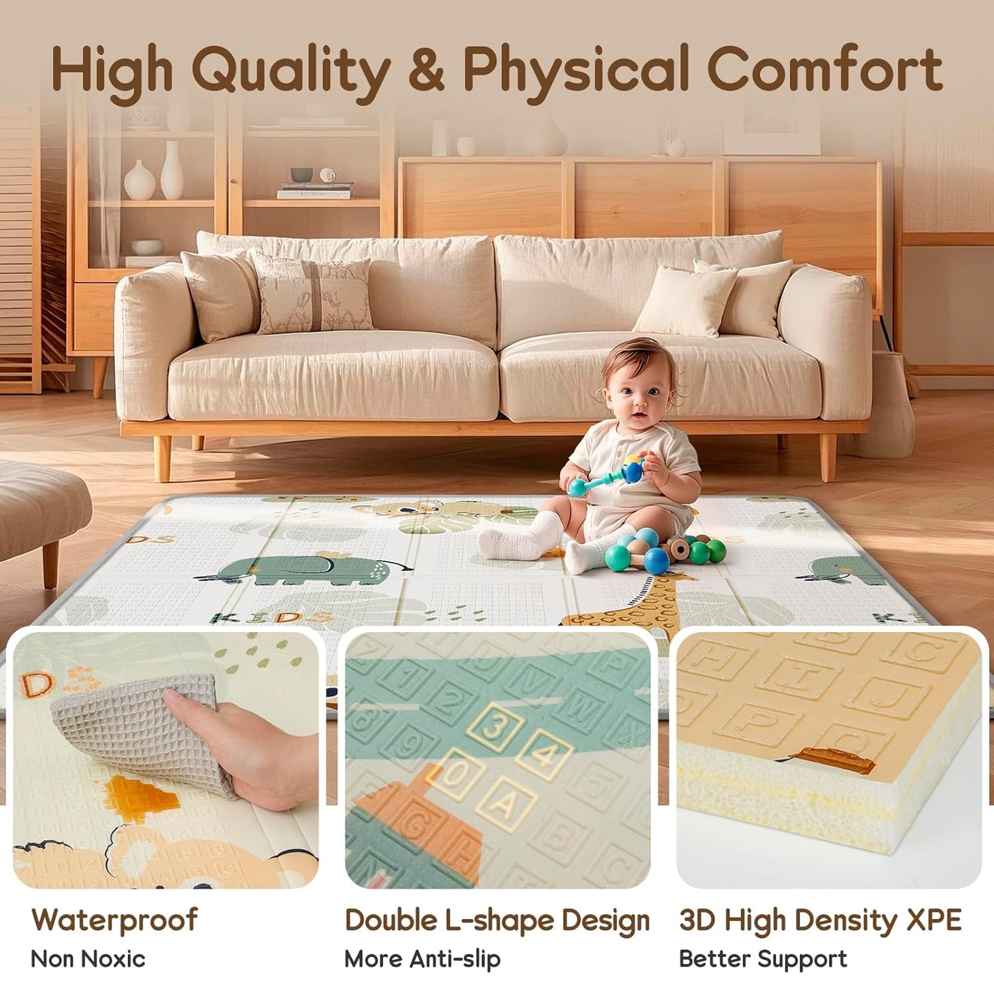 Foldable Baby Play Mat 50x50” – Waterproof Foam Playpen Mat Reversible & Portable (Giraffe & Elephant) 