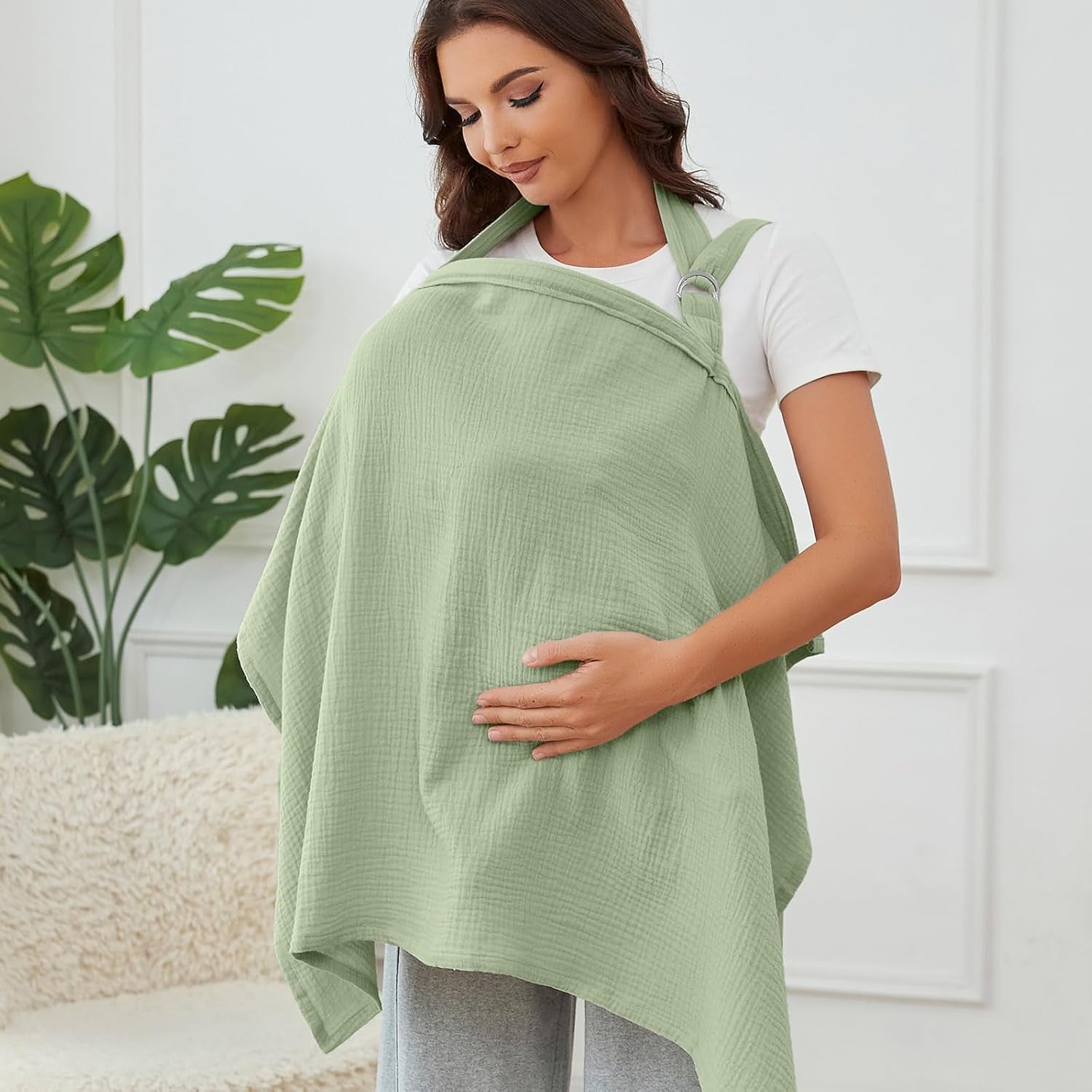 Muslin Nursing Cover for Breastfeeding, Breathable 100% Cotton Privacy Nursing Covers with Rigid Hoop for Mother Nursing Apron, Soft Arch Neckline Nursing Apron (Summer Wheat)
