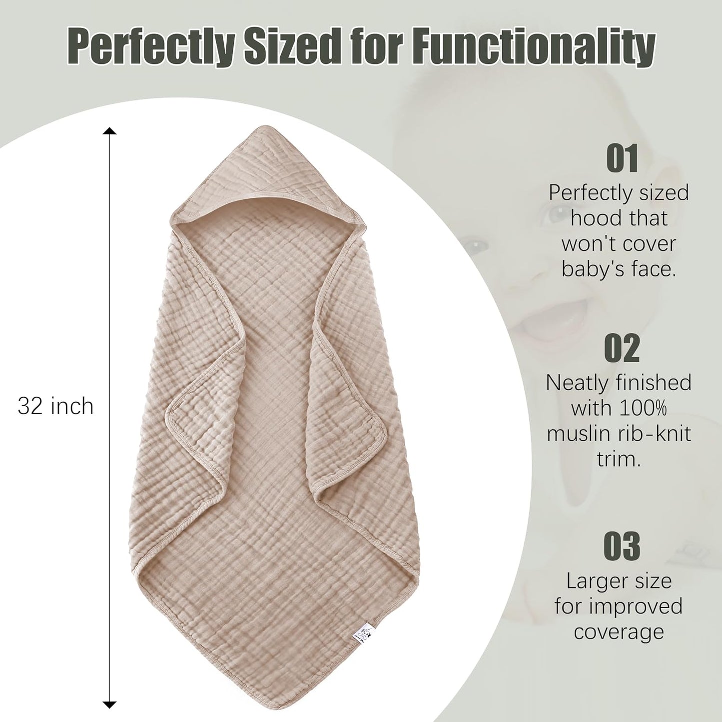 2-Pack Hooded Baby Muslin Towels | 100% Cotton | Soft, Absorbent & Quick-Drying | 32 x 32 Inches | White & Brown