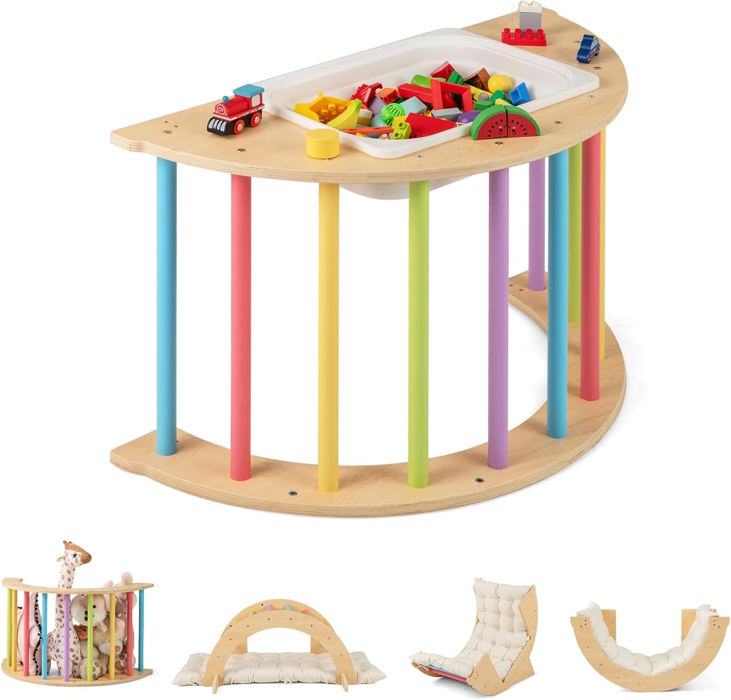 6-in-1 Wooden Arch Climber & Rocker – Montessori Toddler Playset with Cushion & Sensory Table 