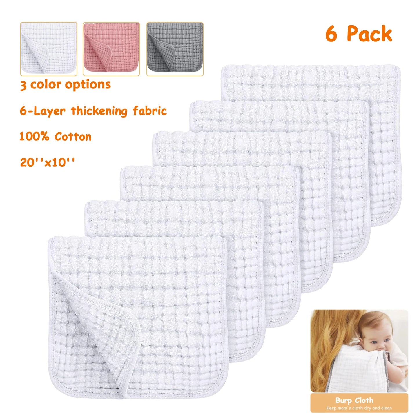 6 Pack of Extra Soft & Absorbent 20''X10'' Muslin Baby Burp Cloths - 100% Cotton Washable Face Towels for Infants