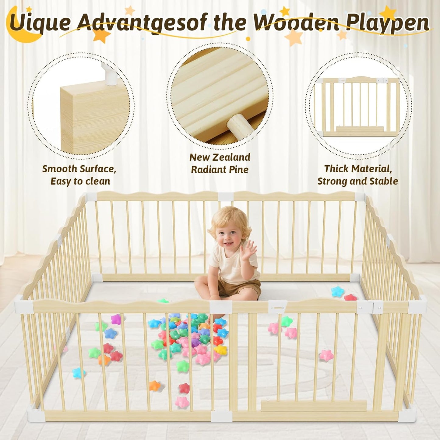 Wooden Baby Playpen | Spacious Play Yard with Lock Gate & Play Balls