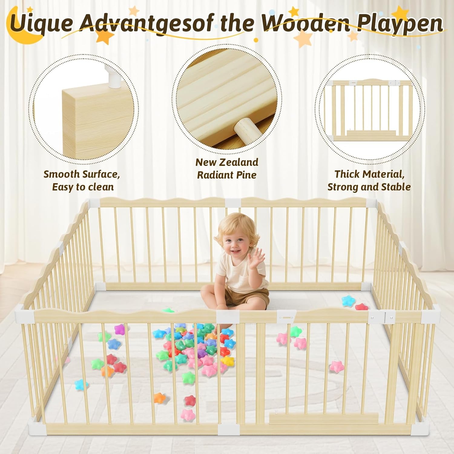 Wooden Baby Playpen | Spacious Play Yard with Lock Gate & Play Balls