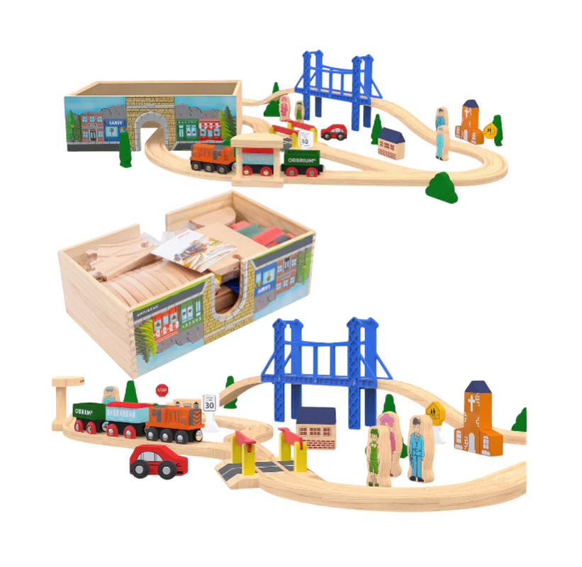 All-In-One 52-Piece Deluxe Wooden Train Set with Storage Box and Tunnel - Perfectly Compatible with Thomas, Brio, and Melissa