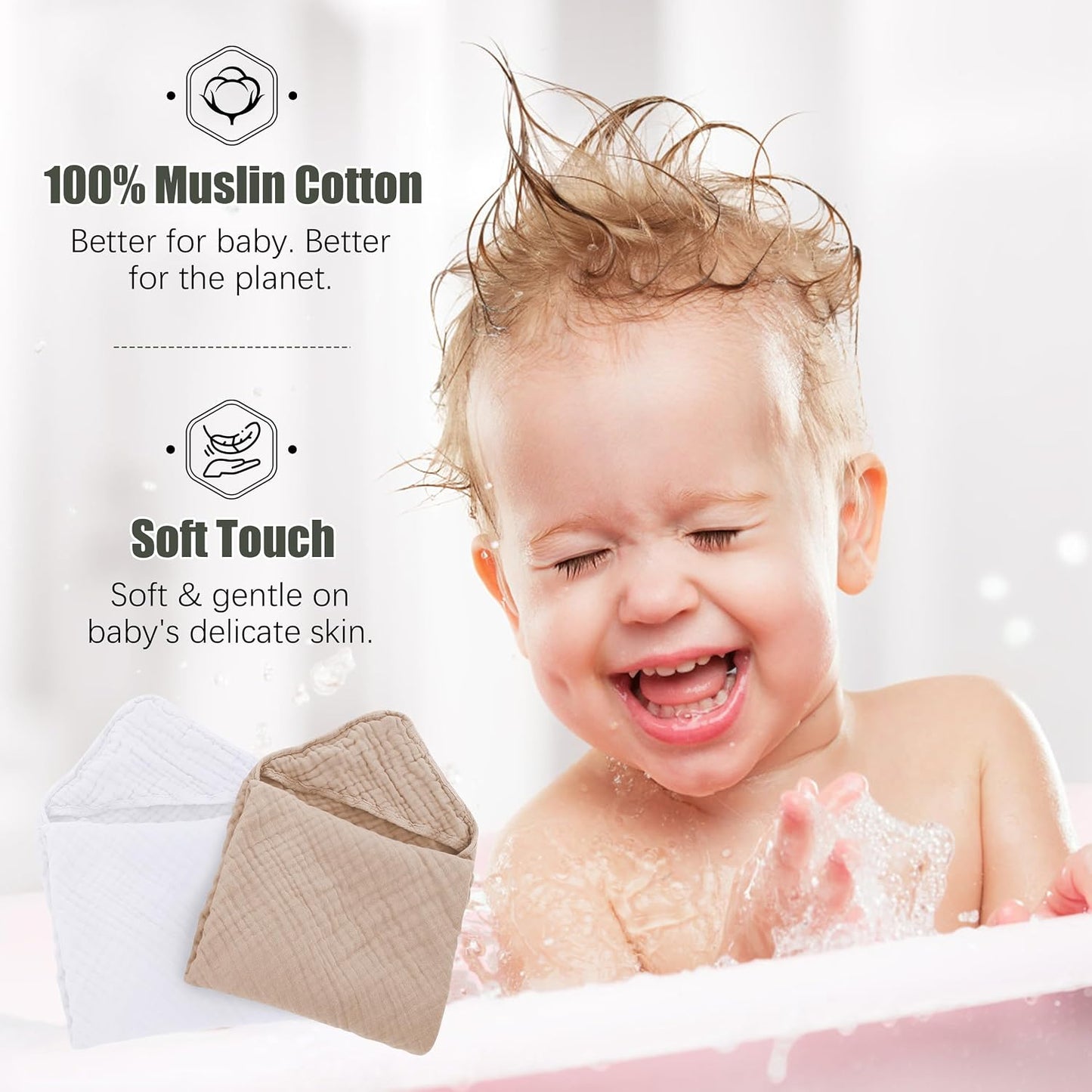 2-Pack Hooded Baby Muslin Towels | 100% Cotton | Soft, Absorbent & Quick-Drying | 32 x 32 Inches | White & Brown