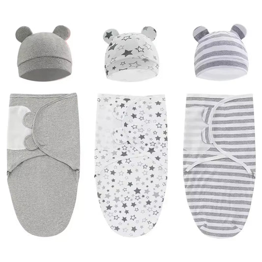 Cozy Cartoon Cotton Baby Blanket Hat Set - Adjustable Swaddle Wrap for Newborns (0-6 Months)