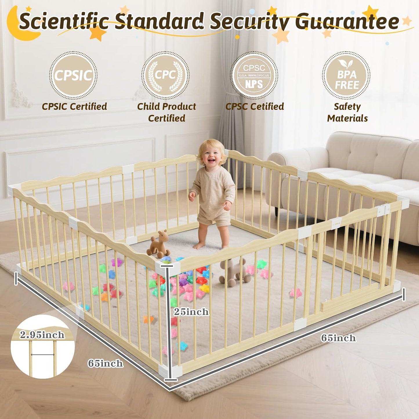 Wooden Baby Playpen | Spacious Play Yard with Lock Gate & Play Balls
