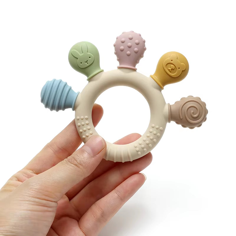 Baby Ring Teether New Hand Multicolor Silicone Anxiety Teething Toys 0-12 Months Chew Beads Sensory Gum Relief Soother Baby