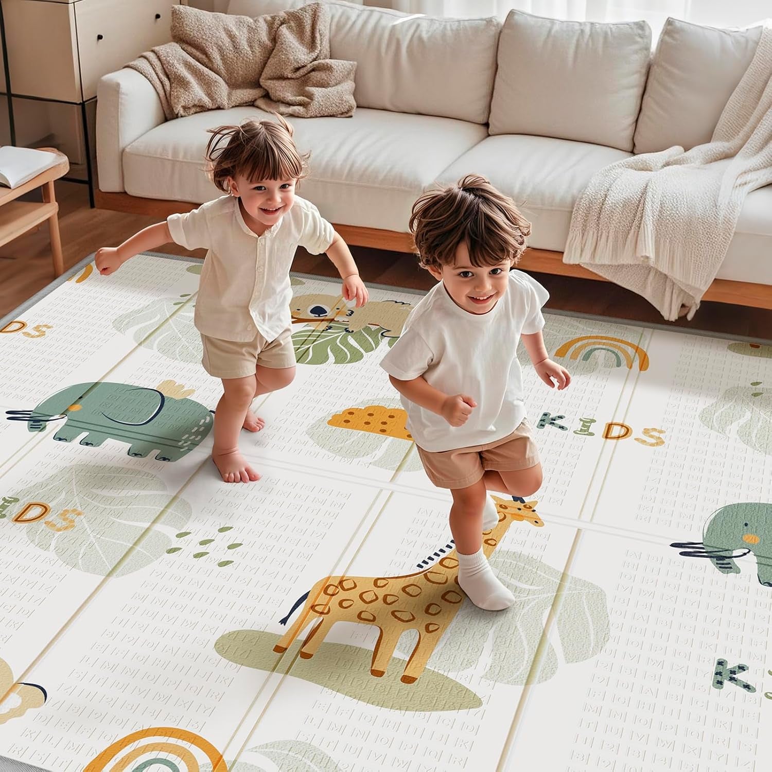 Foldable Baby Play Mat 50x50” – Waterproof Foam Playpen Mat Reversible & Portable (Giraffe & Elephant) 