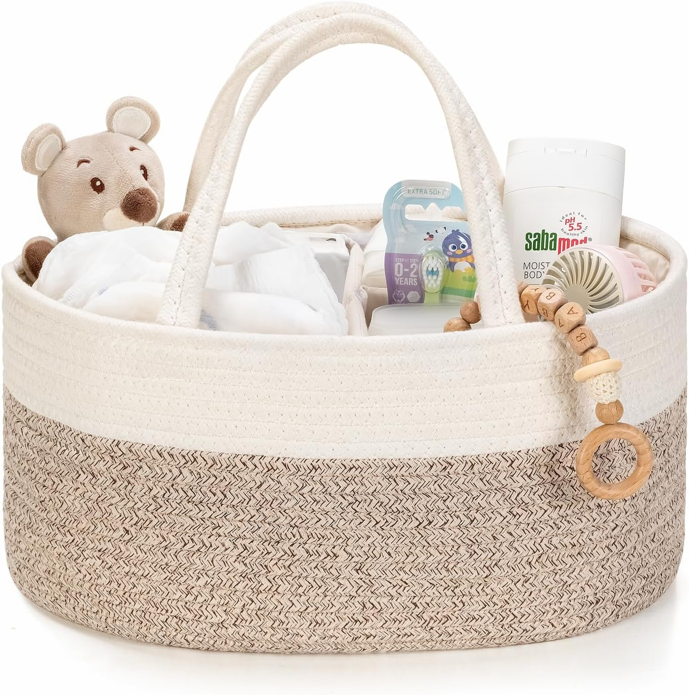 Diaper Caddy Organizer, Empty Gift Basket for Newborn Essentials, Baby Storage Basket, Stylish Gift Bag for Baby Shower, Boys and Girls – Small, White and Beige Brown