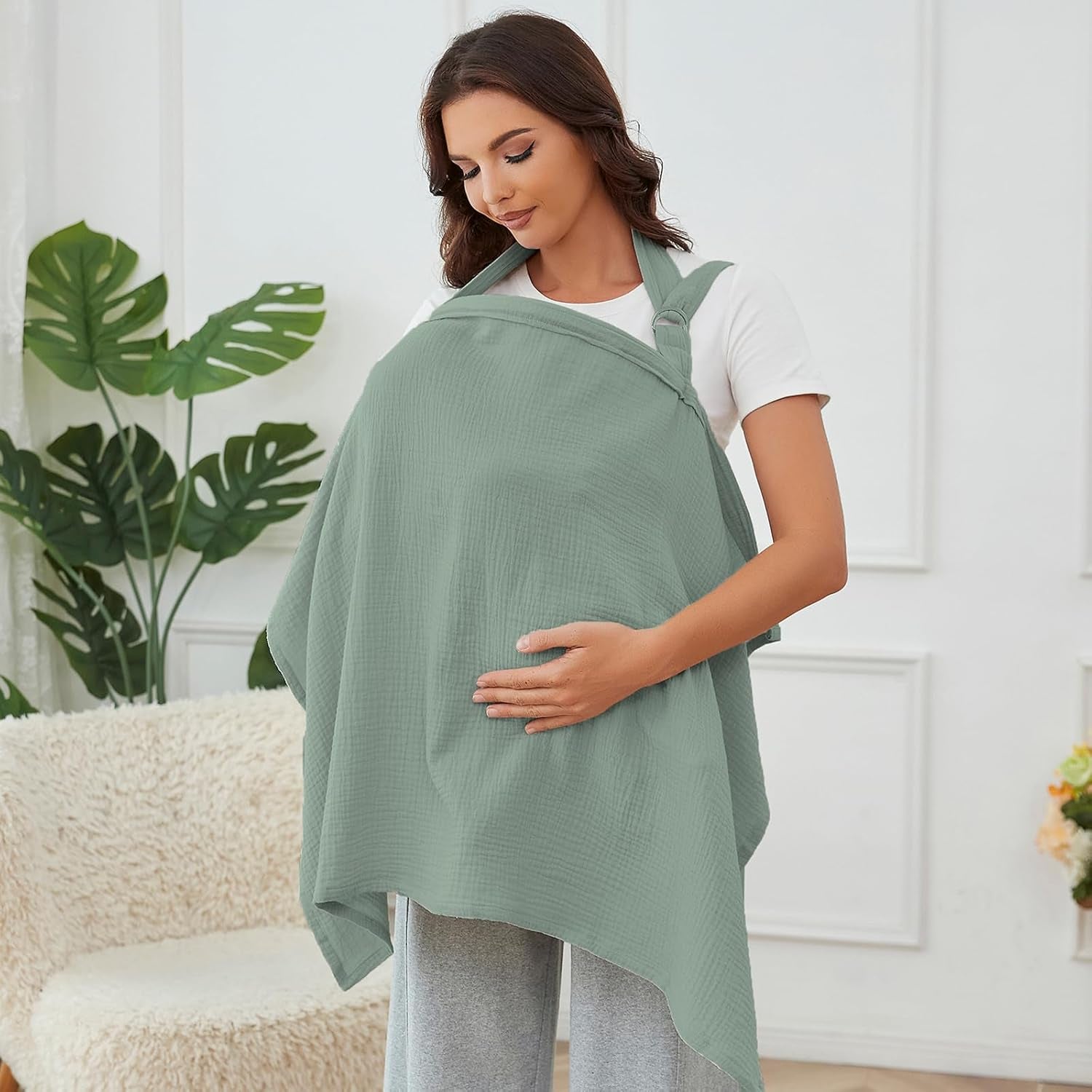 Muslin Nursing Cover for Breastfeeding, Breathable 100% Cotton Privacy Nursing Covers with Rigid Hoop for Mother Nursing Apron, Soft Arch Neckline Nursing Apron (Summer Wheat)
