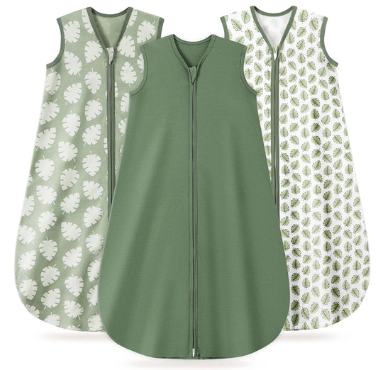 Baby Sleep Sack 6-12 Months, 100% Organic Cotton Wearable Blanket for Babies, 2-Way Zipper TOG 0.5 Lightweight Breathable Baby Sleeping Bag, 4 Sizes-M Leaf＆Green