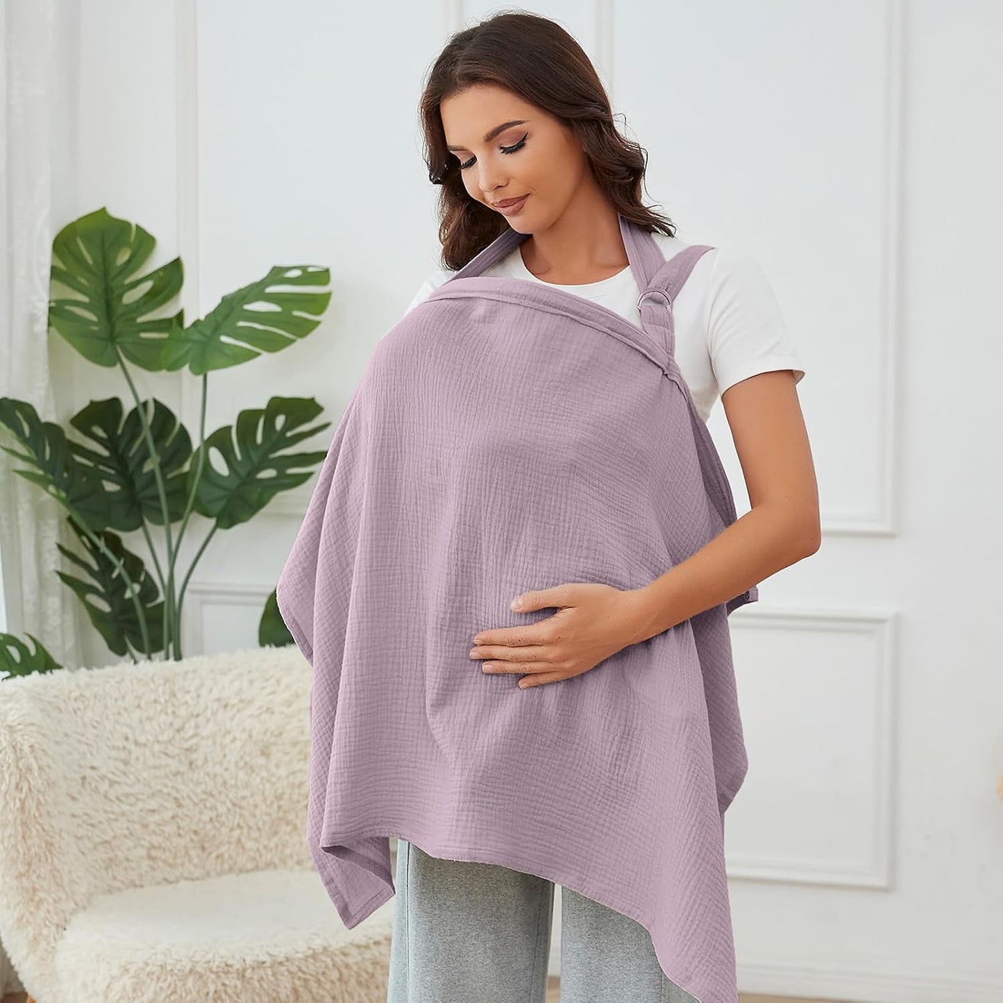 Muslin Nursing Cover for Breastfeeding, Breathable 100% Cotton Privacy Nursing Covers with Rigid Hoop for Mother Nursing Apron, Soft Arch Neckline Nursing Apron (Summer Wheat)