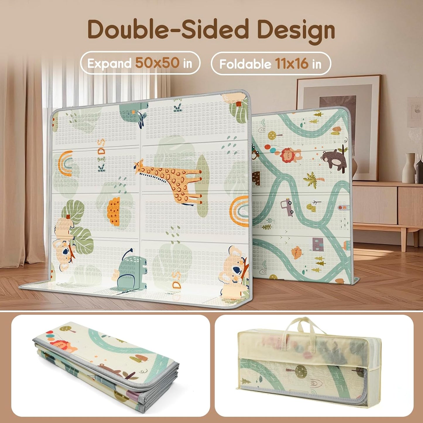 Foldable Baby Play Mat 50x50” – Waterproof Foam Playpen Mat Reversible & Portable (Giraffe & Elephant) 