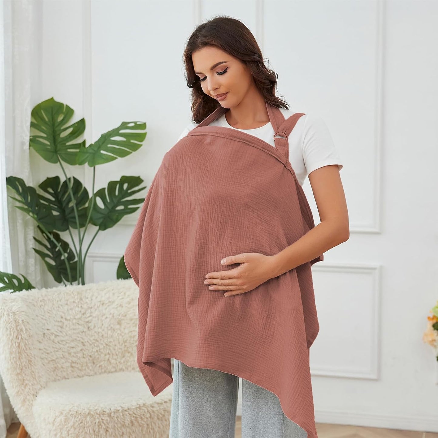 Muslin Nursing Cover for Breastfeeding, Breathable 100% Cotton Privacy Nursing Covers with Rigid Hoop for Mother Nursing Apron, Soft Arch Neckline Nursing Apron (Summer Wheat)