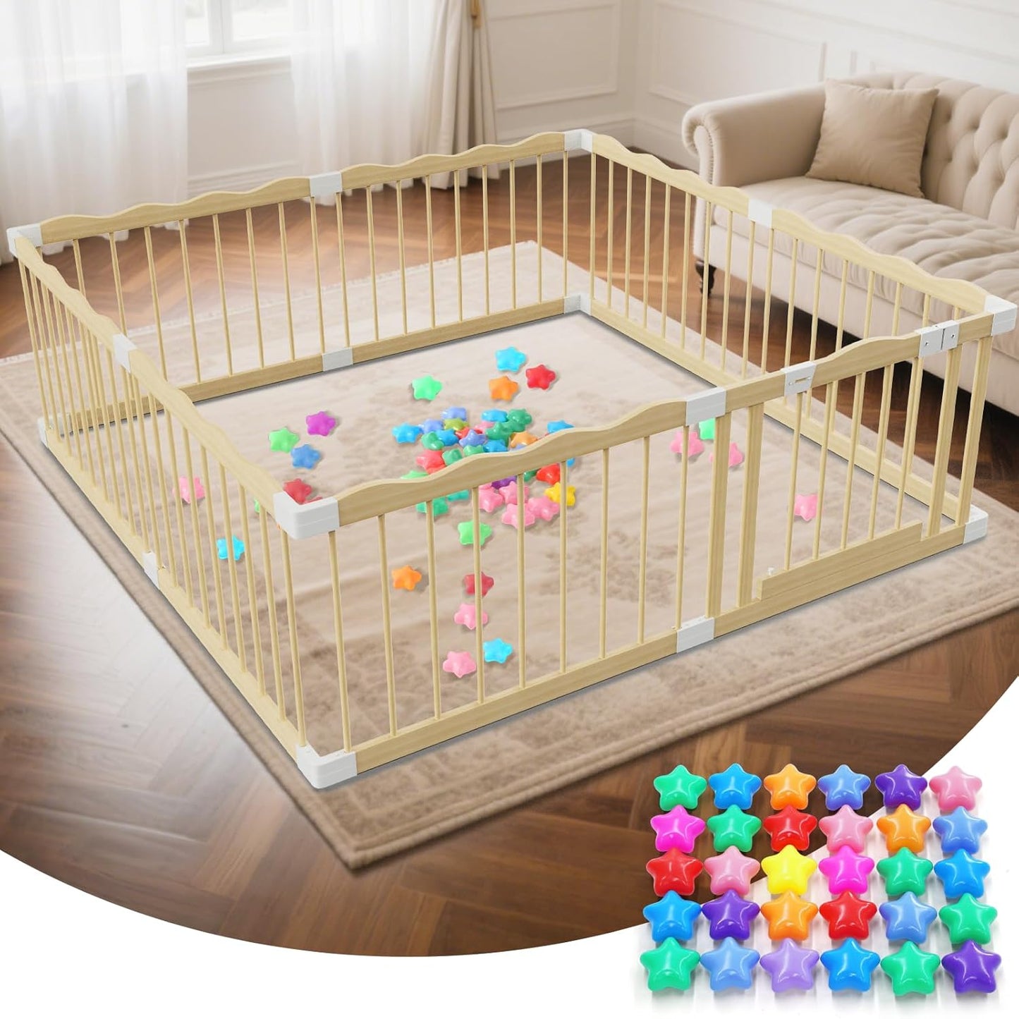 Wooden Baby Playpen | Spacious Play Yard with Lock Gate & Play Balls