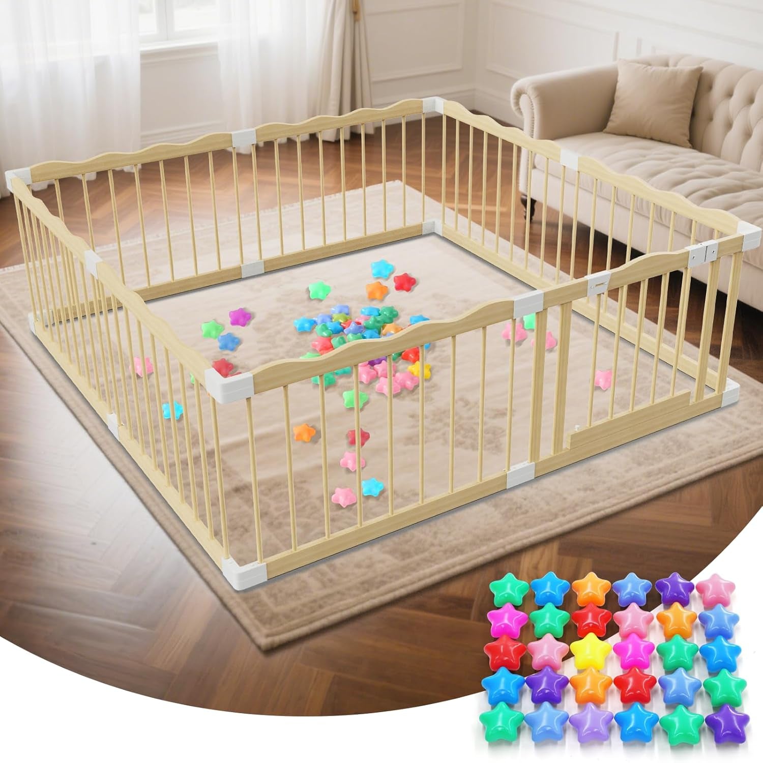 Wooden Baby Playpen | Spacious Play Yard with Lock Gate & Play Balls
